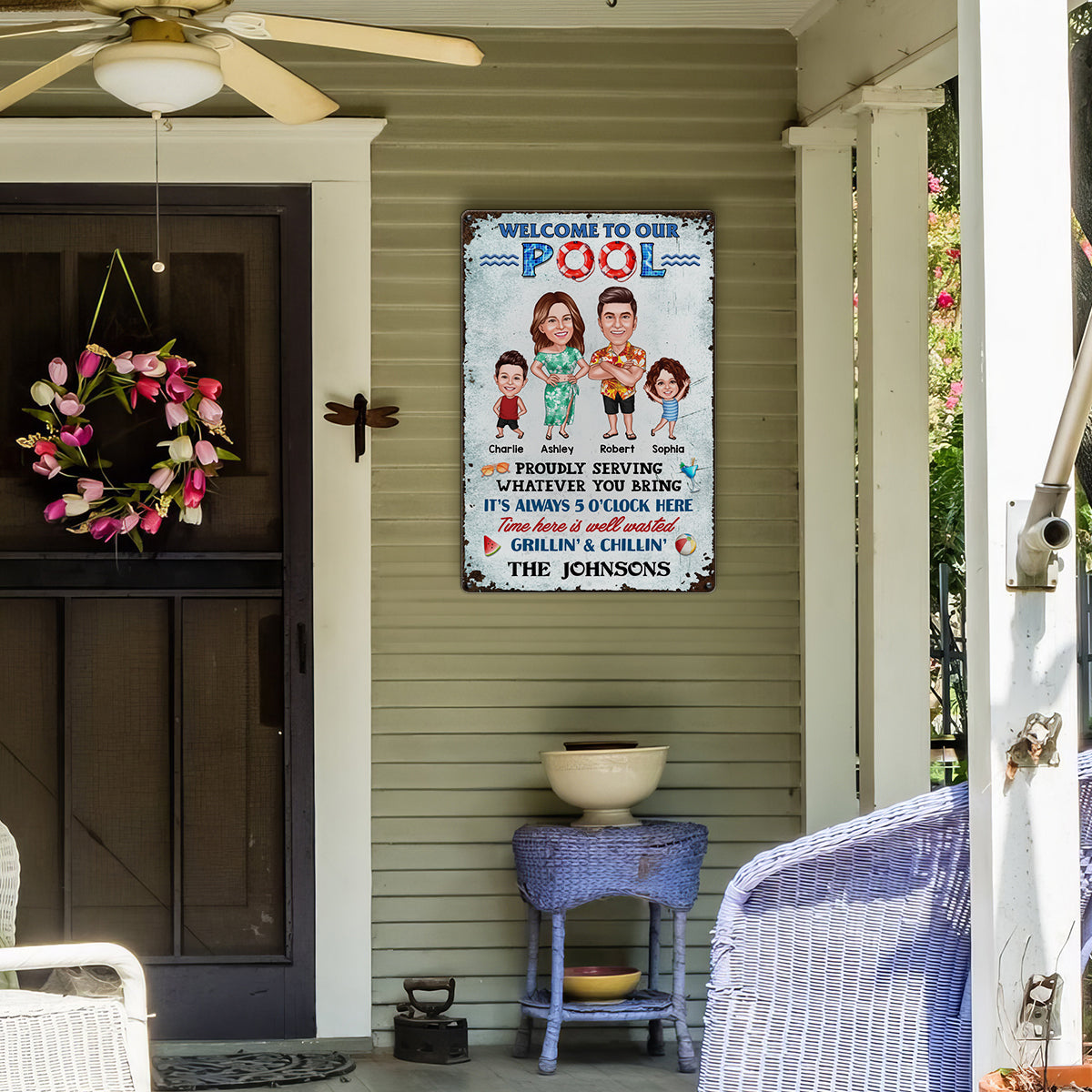 Welcome To Our Pool Caricature Family, Summer Swimming Decor, Personalized Metal Sign