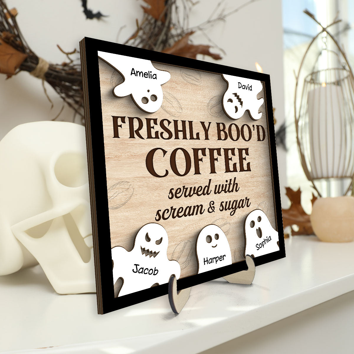 FRESHLY BOO'D COFFEE Ghost Family Personalized 2-Layer Wooden Plaque