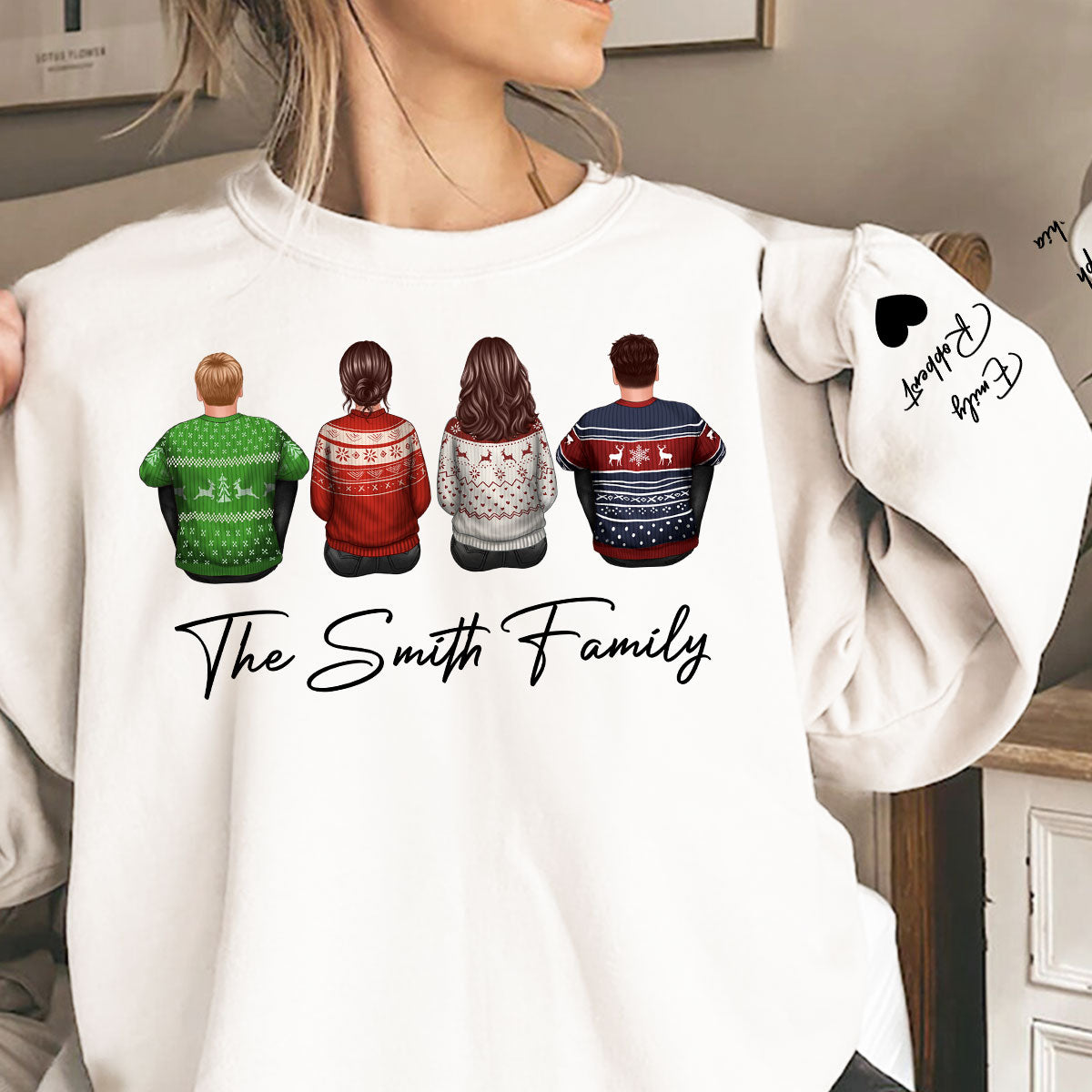 Family Sitting Back View Christmas Personalized Sleeve Printed Sweatshirt