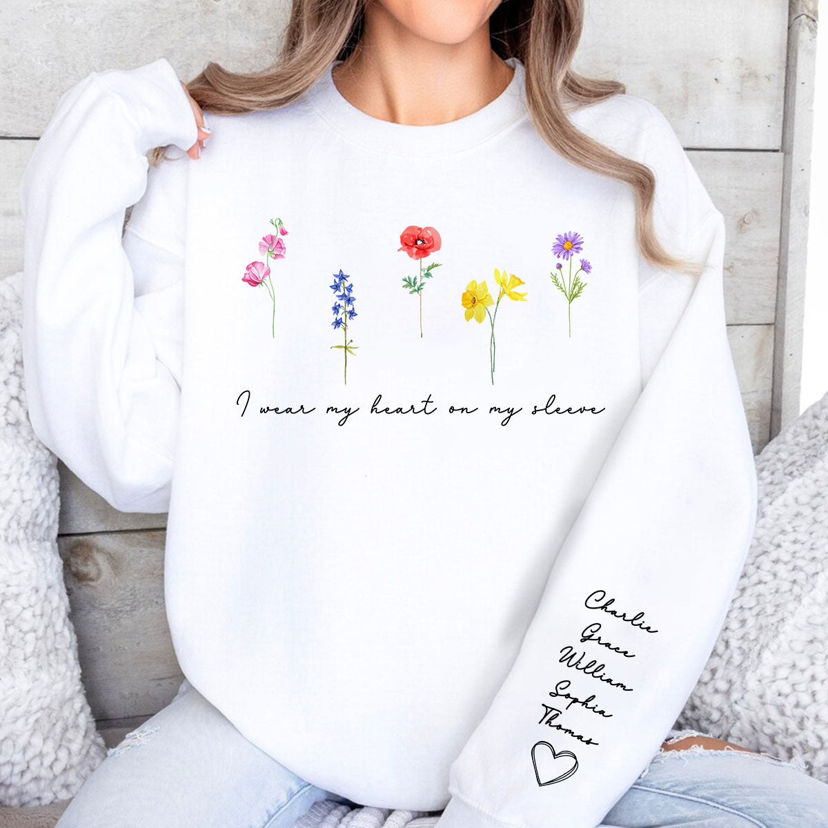 Watercolor Birth Month Flowers Personalized Sleeve Printed Sweatshirt, Gift For Mom Granma Aunt
