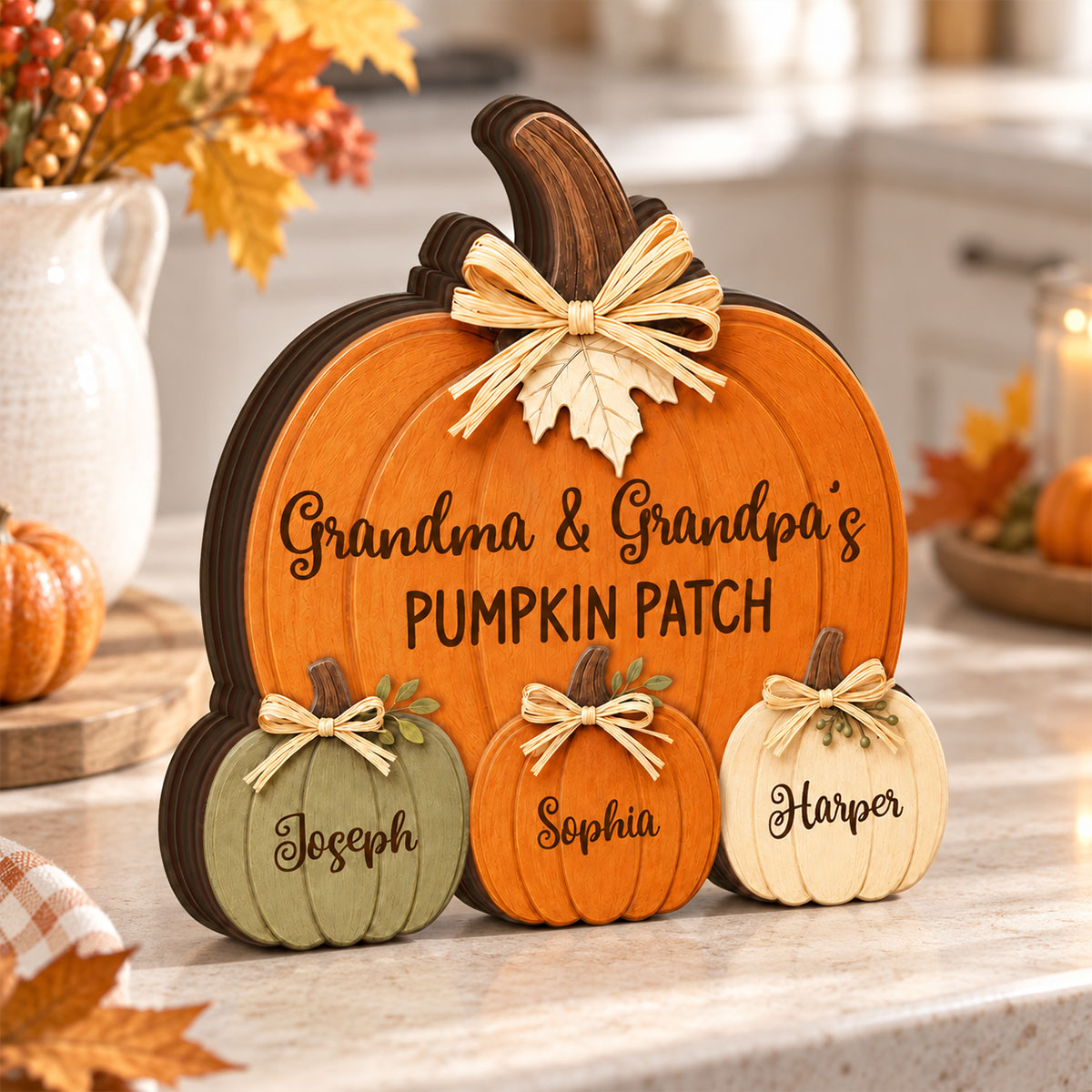 Cozy Rustic Fall Vibe Grandpa Grandma's Pumpkin Patch - Personalized Wooden Block Plaque - Fall Decor For Grandparents