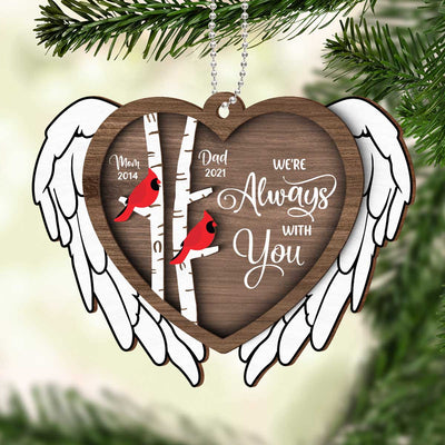 Always With You Cardinal Angel Wings Memorial Keepsake Personalized 2-Layer Wooden Ornament