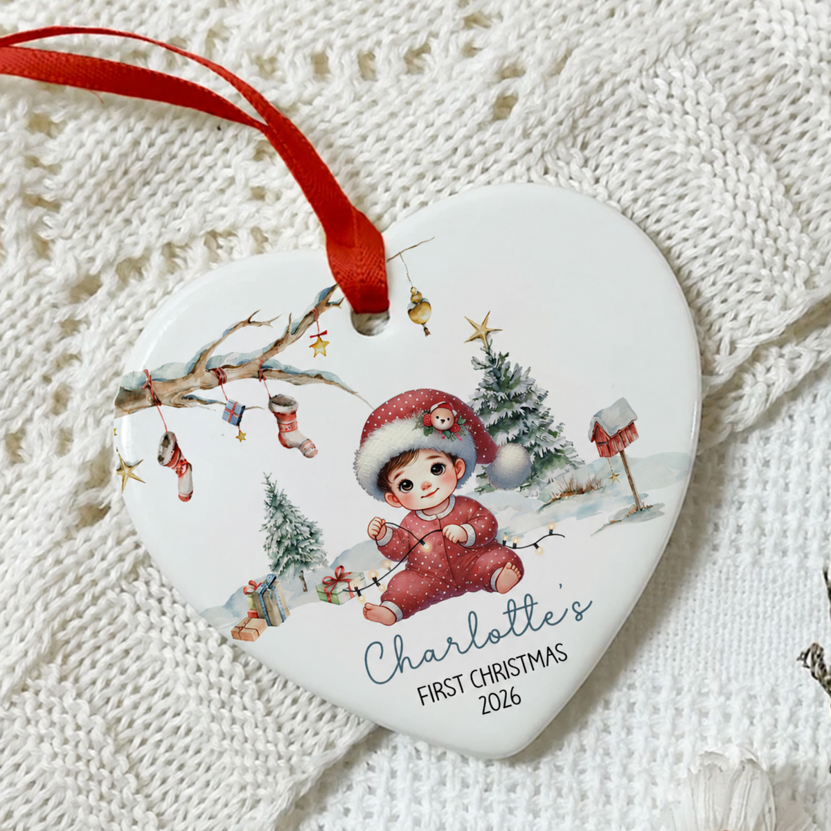 Watercolor Woodland Baby's First Christmas Personalized Heart Shaped Ceramic Ornament, Christmas Gift Keepsake for New Mom New Dad