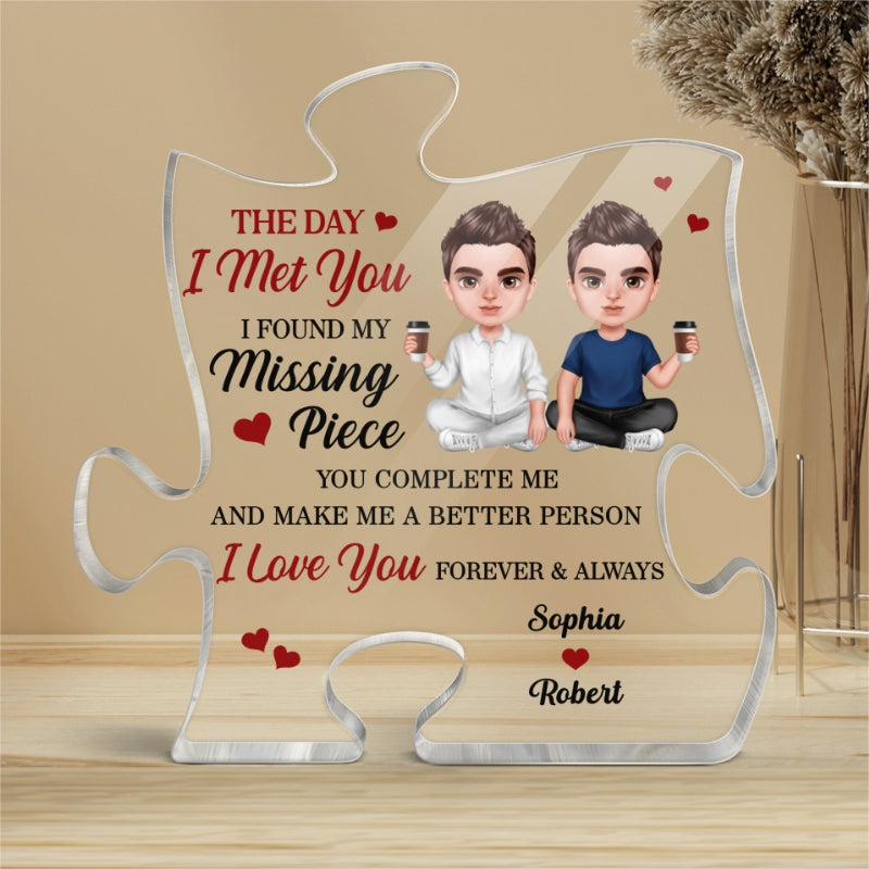 Doll Couple Sitting Realistic Found My Missing Piece Personalized Puzzle Acrylic Plaque