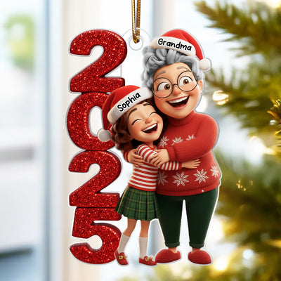 3D Glitter Effect Happy Grandma Hugging Grandkid 2025 - Personalized Acrylic Ornament - Christmas Gift for Grandma, Grandkid