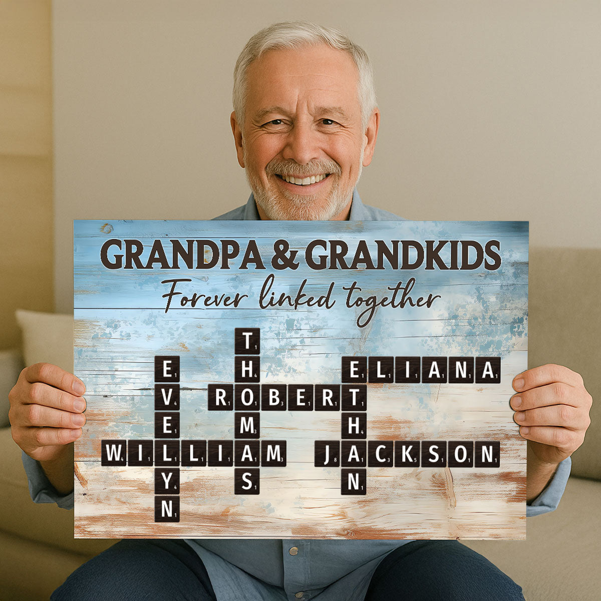 Grandpa & Grandkids Forever Linked Together Crossword Puzzle Art Rustic Personalized Poster, Heartfelt Father's Day Gift For Grandpa