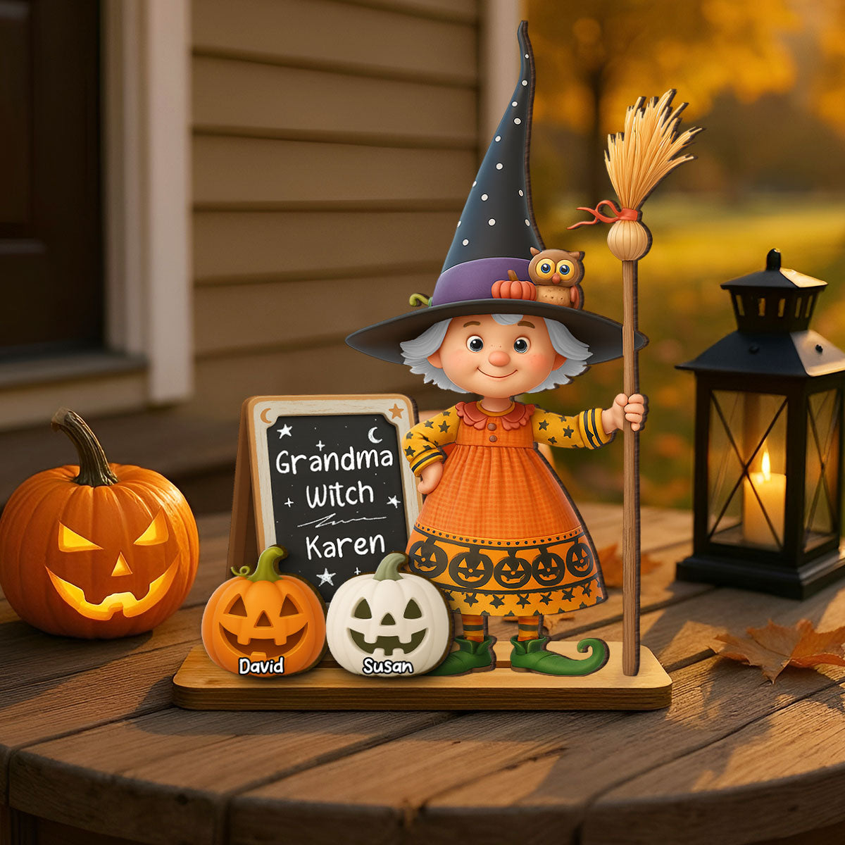 Grandma Witch Personalized Standing Wooden Plaque, Halloween Jack-o'-lantern Decor for Grandma