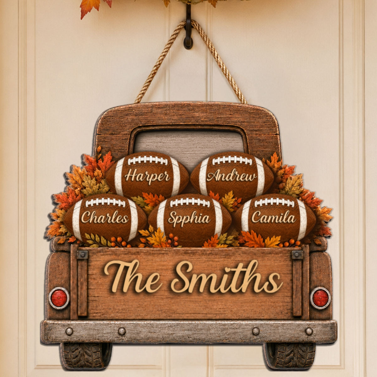 Football Family Truck With Custom Names 2D Flat - Personalized Wood Sign - Fall Season Decor For Football Lovers