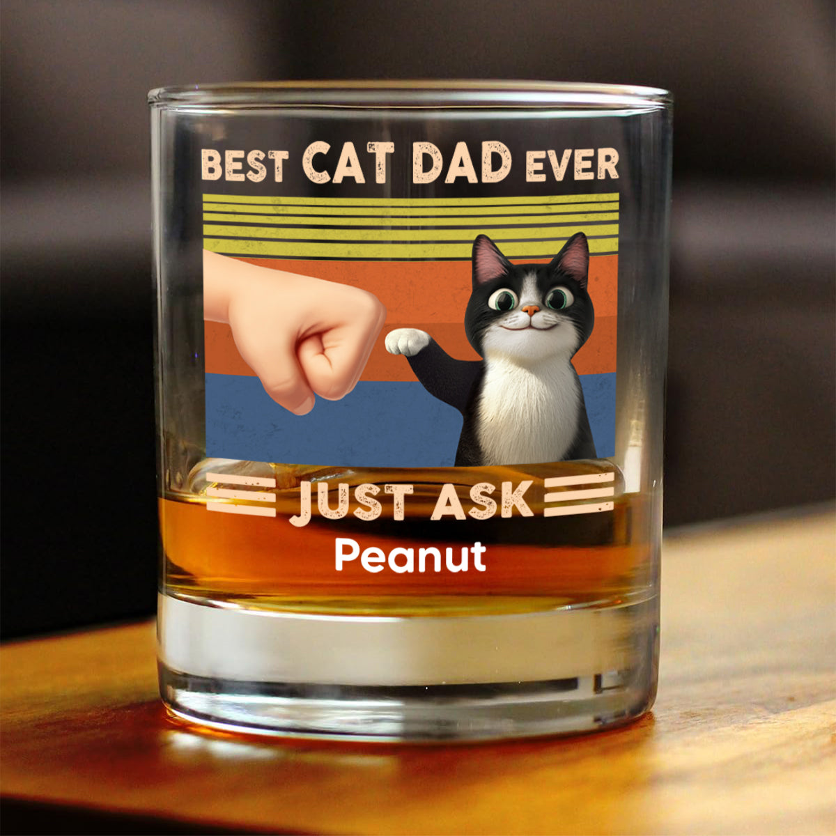 Best Cat Dad Cute Cartoon Cats Personalized Whiskey Glass, Father's Day Gift for Cat Dads