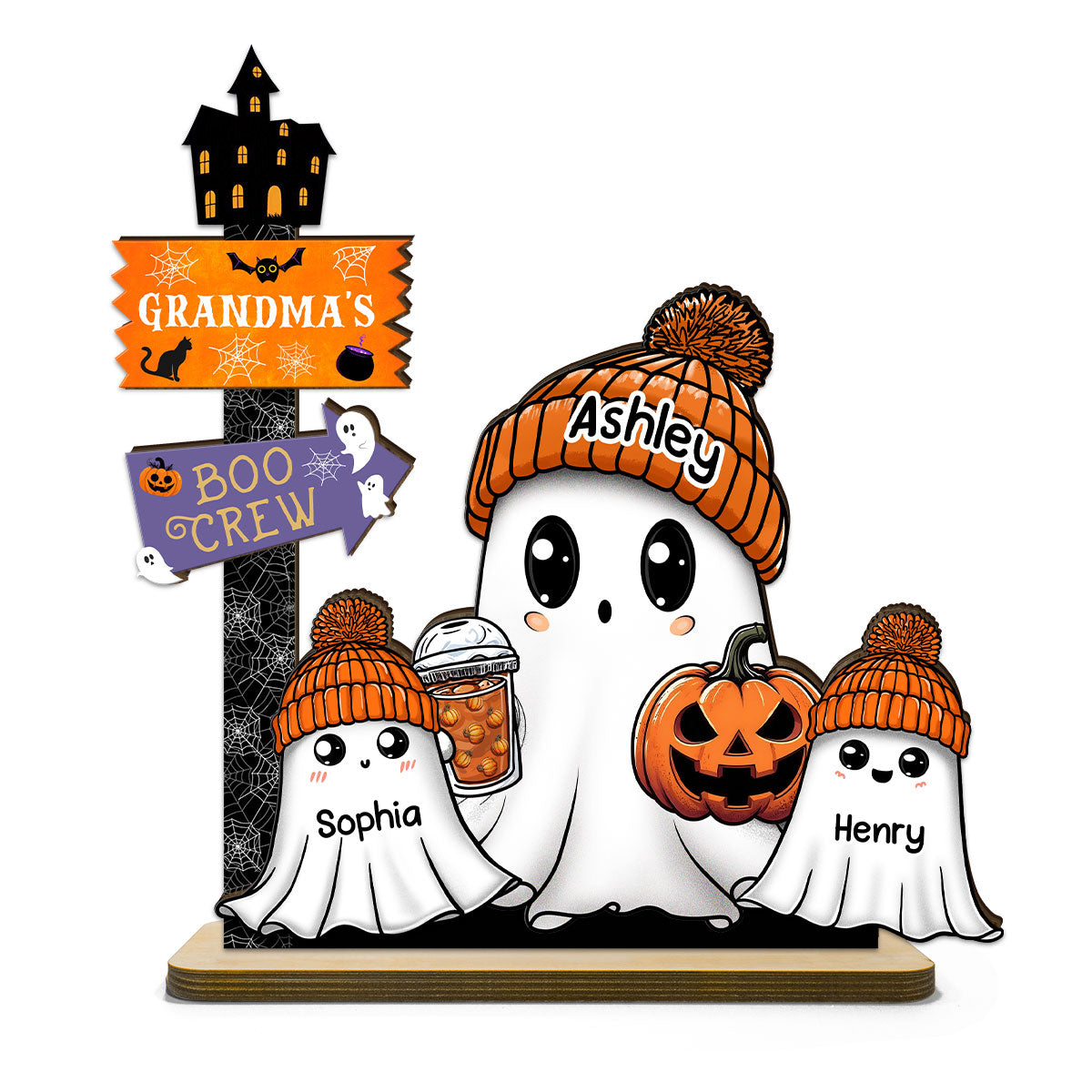 Grandma Boo Crew Fall Season Halloween Personalized 2-Layer Standing Wooden Plaque, Halloween Decoration, Tabletop Tier Tray Decor