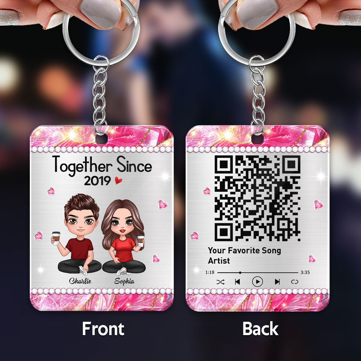 Beautiful Pattern Doll Couple Sitting Favorite Song Scannable QR Code Personalized Acrylic Keychain