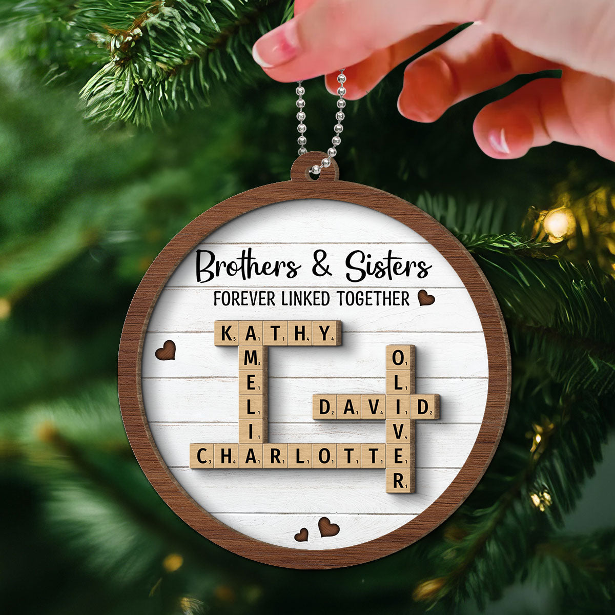 Brothers & Sisters Forever Linked Together Crossword Puzzle Art Personalized 2-Layer Wooden Ornament, Gift For Brothers, Sisters, Siblings, Family