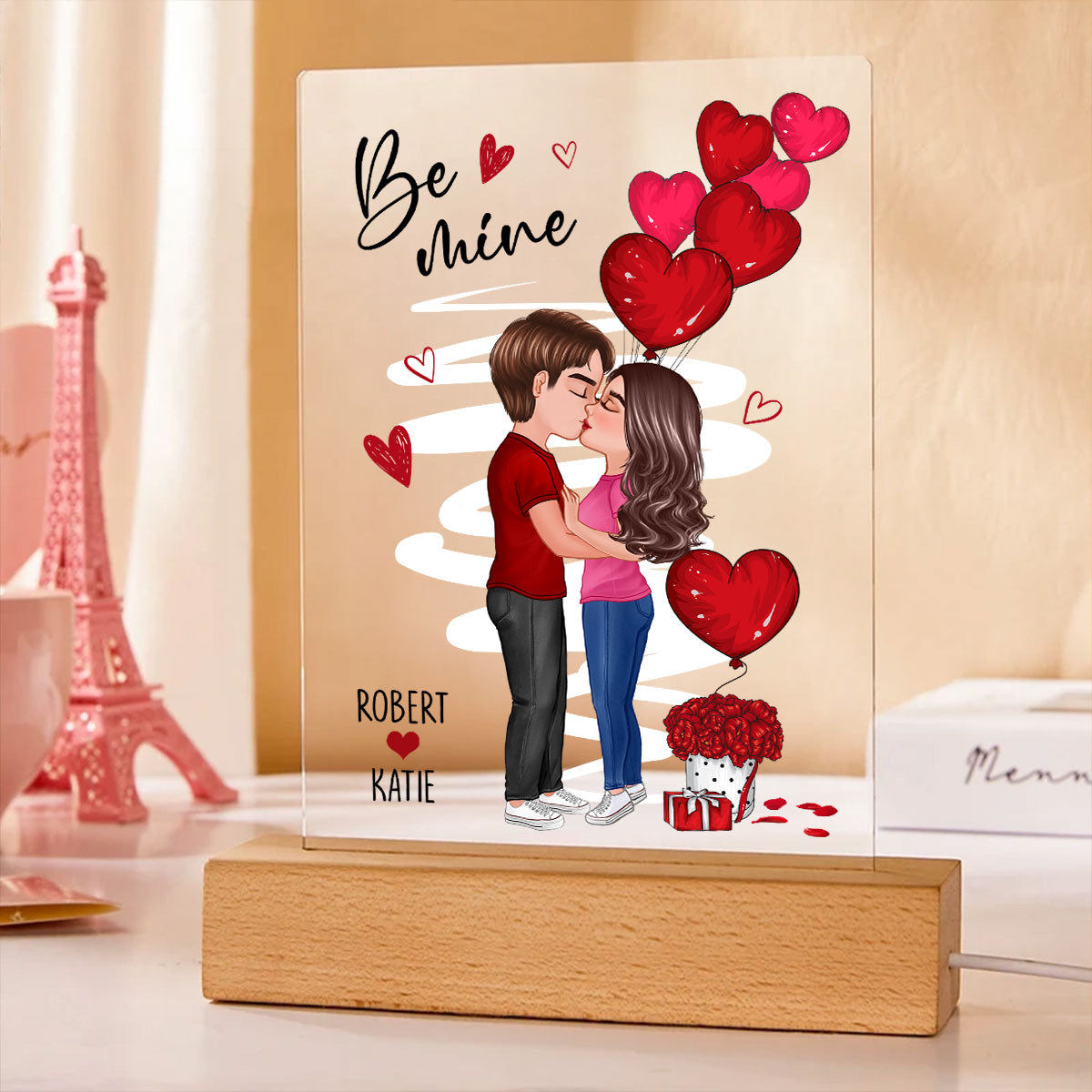 Be Mine Doll Couple Standing Kissing Personalized Plaque LED Night Light -  Unique Valentine's Day Gift For Him, Gift For Her