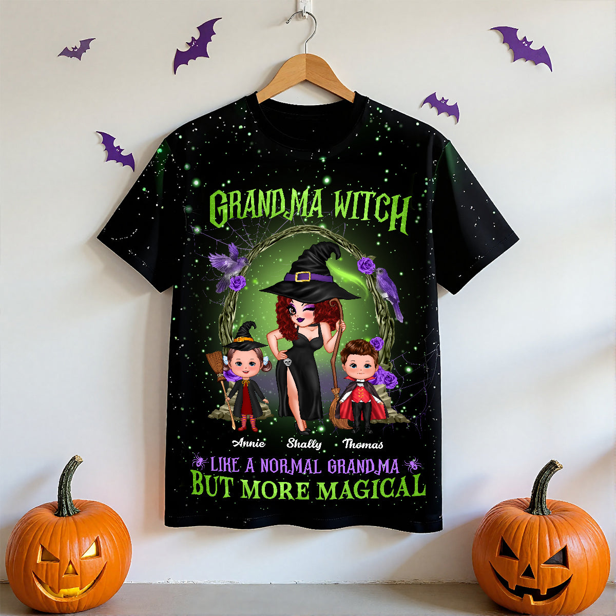 Purple And Green Pretty Grandma Witch & Kids Personalized Shirt, Halloween Costume for Grandma