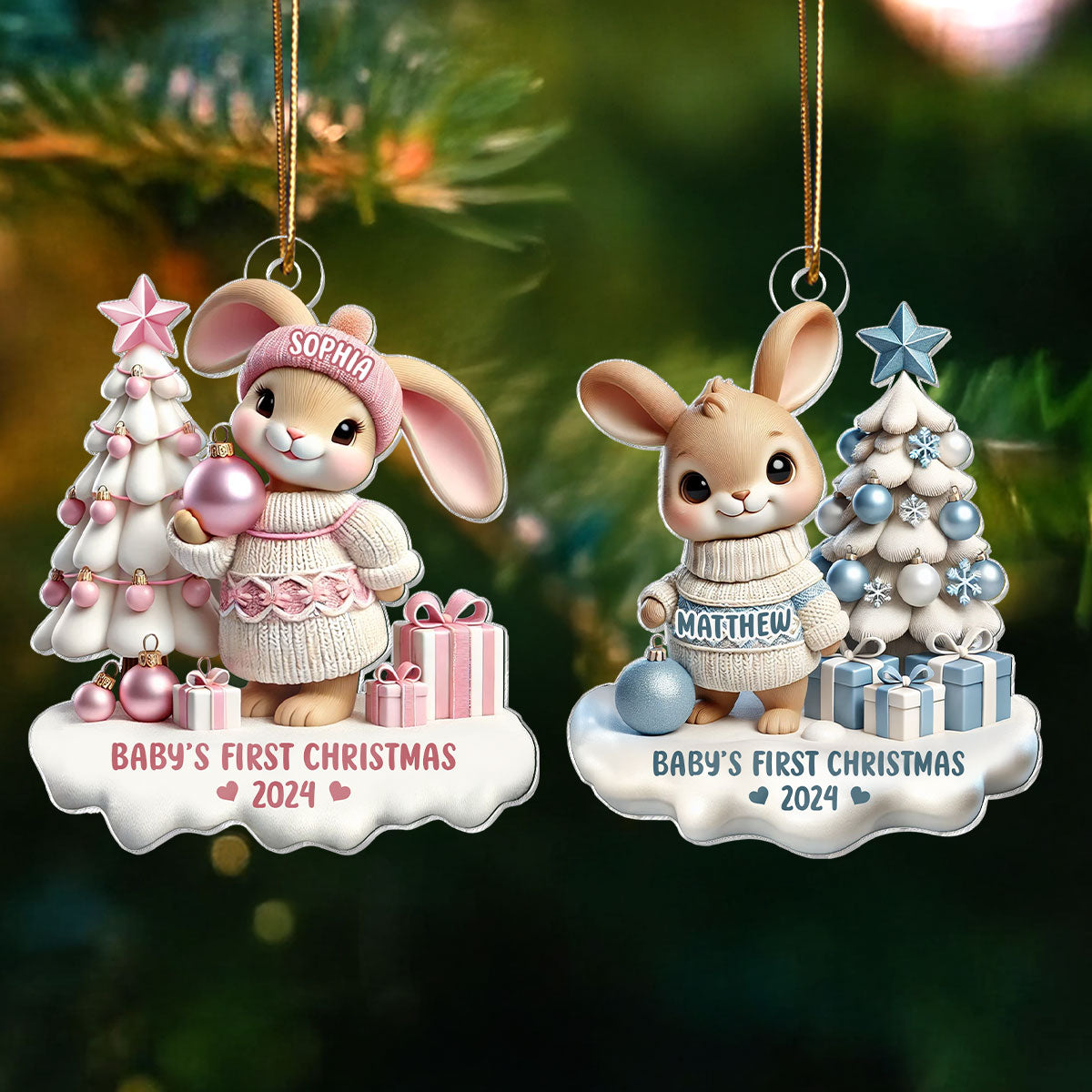 3D Effect Cute Bunny Baby's First Christmas Personalized Acrylic Ornament, Christmas Gift For Newborns, New Grandparents