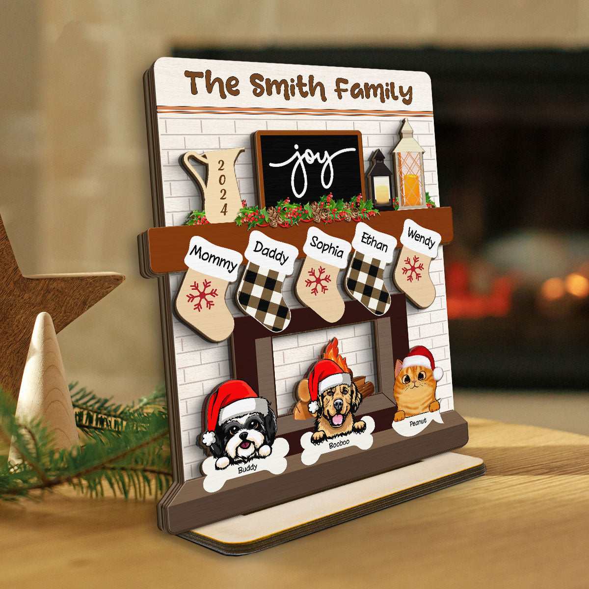 Family With Dog Cat Stockings Fireplace Personalized 2-Layer Standing Wooden Plaque, Christmas Mantle Table Topper