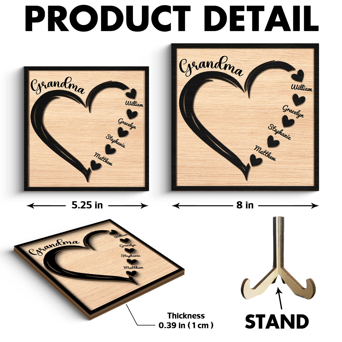 Grandma Mom Hearts With Kids Names Personalized 2-layer Wooden Plaque