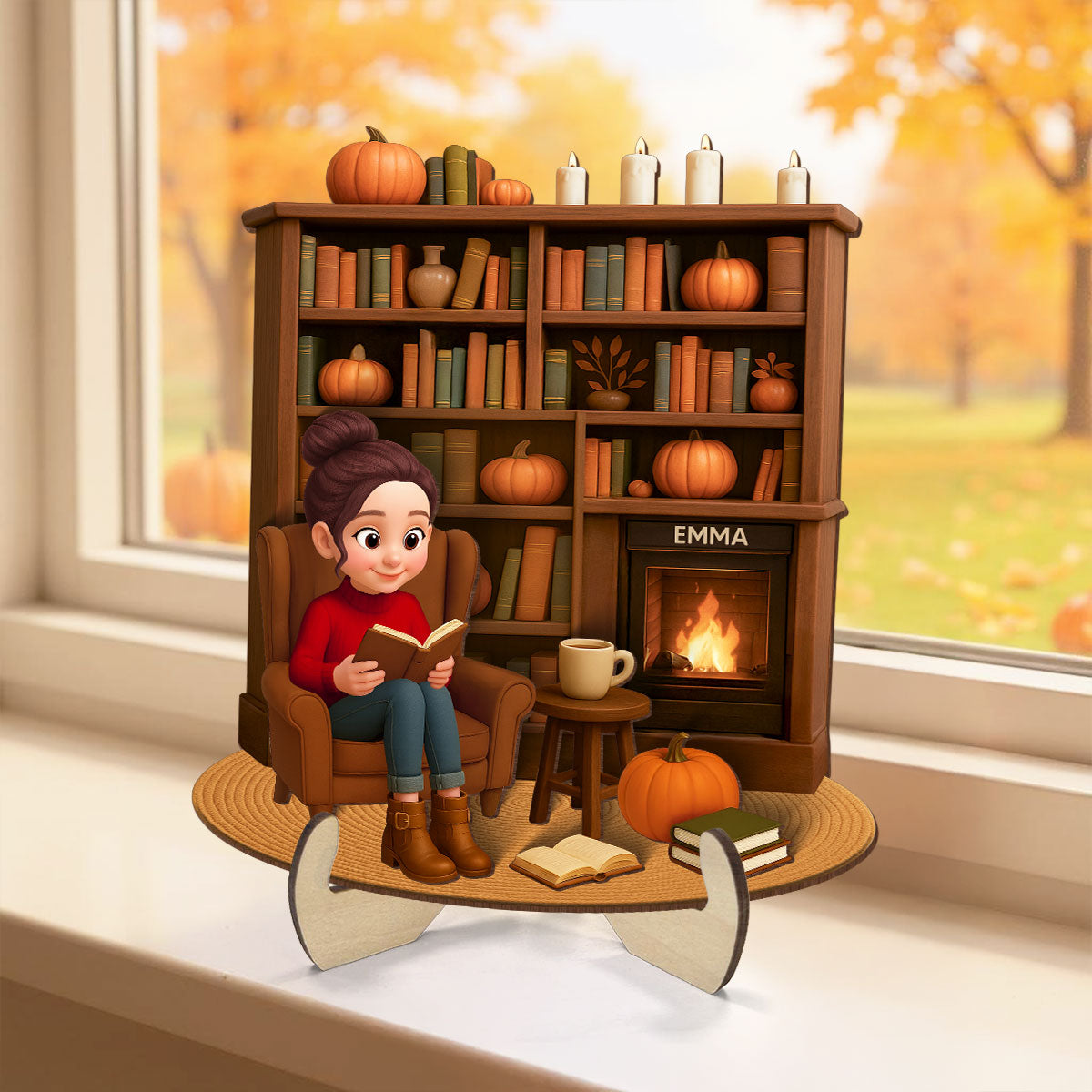 Fall Girl Reading Book Cozy Bookself Personalized 2-Layer Wooden Plaque