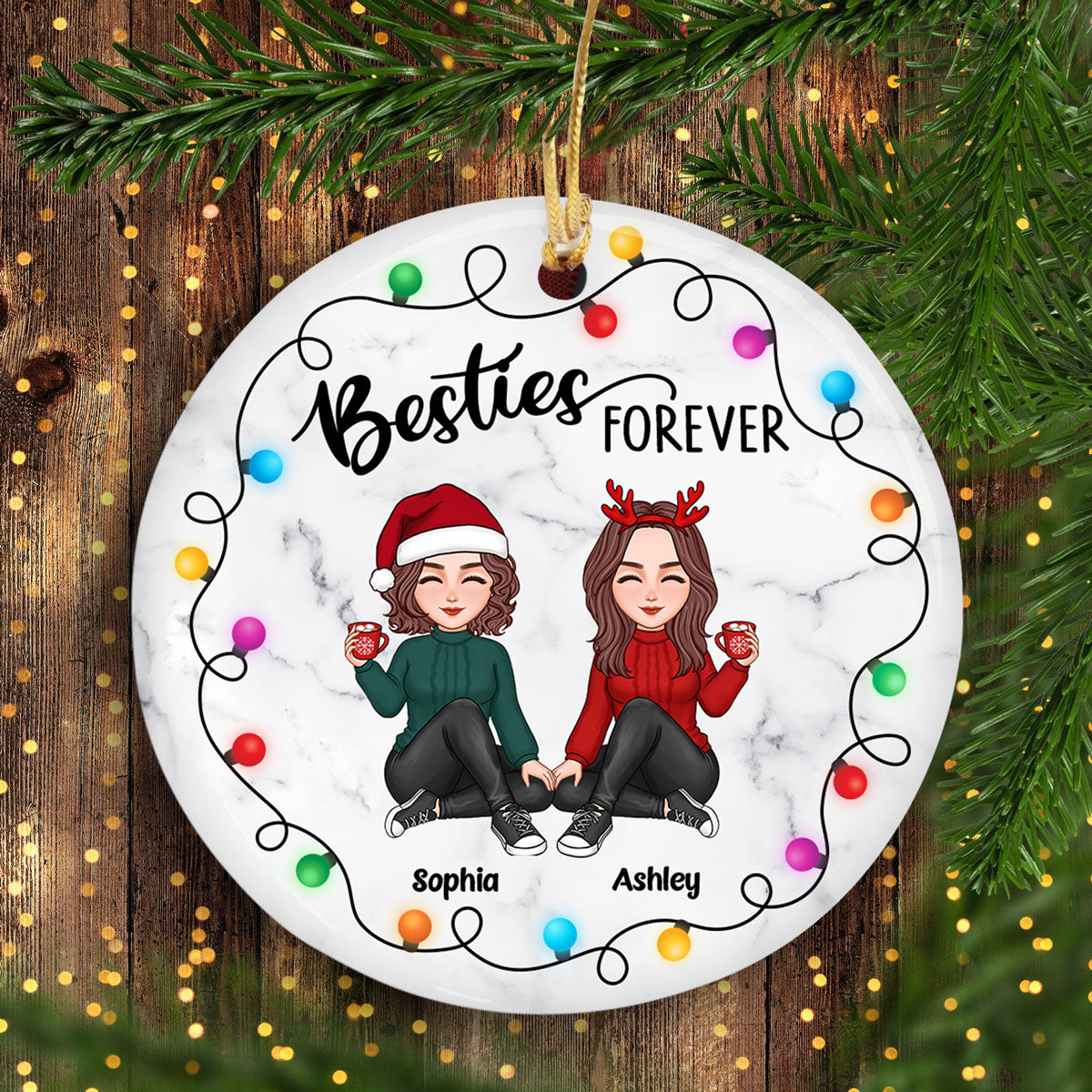 Besties Sisters Sitting Lightstring Marble Personalized Circle Ornament