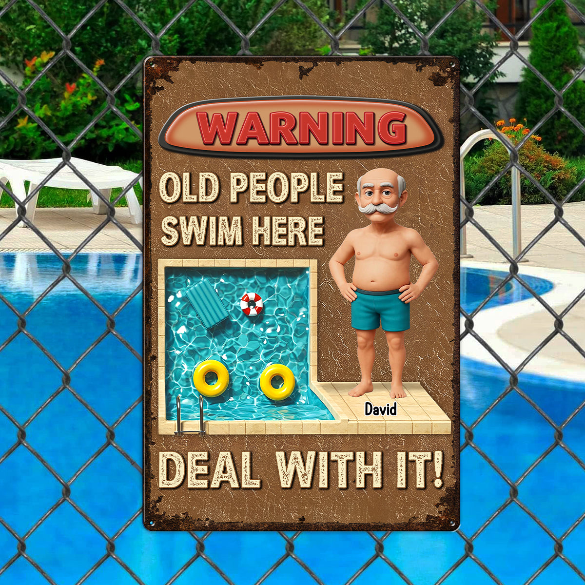3D Effect Warning Old People Swim Here Funny Summer Decor Personalized Metal Sign