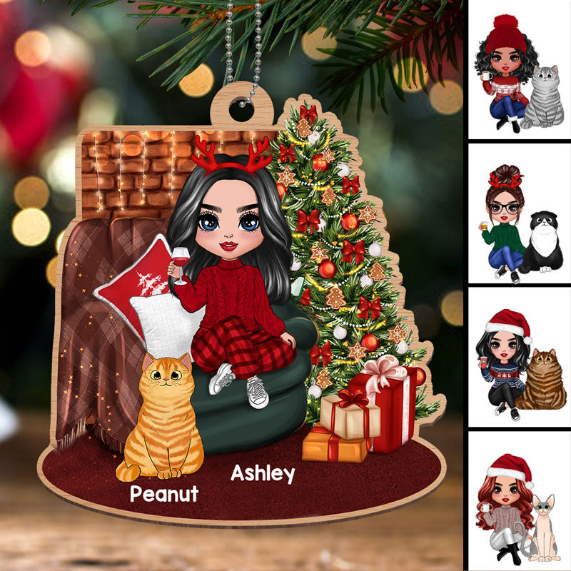 Girl And Cats Sitting On Sofa Beside Christmas Tree Personalized Wooden Ornament