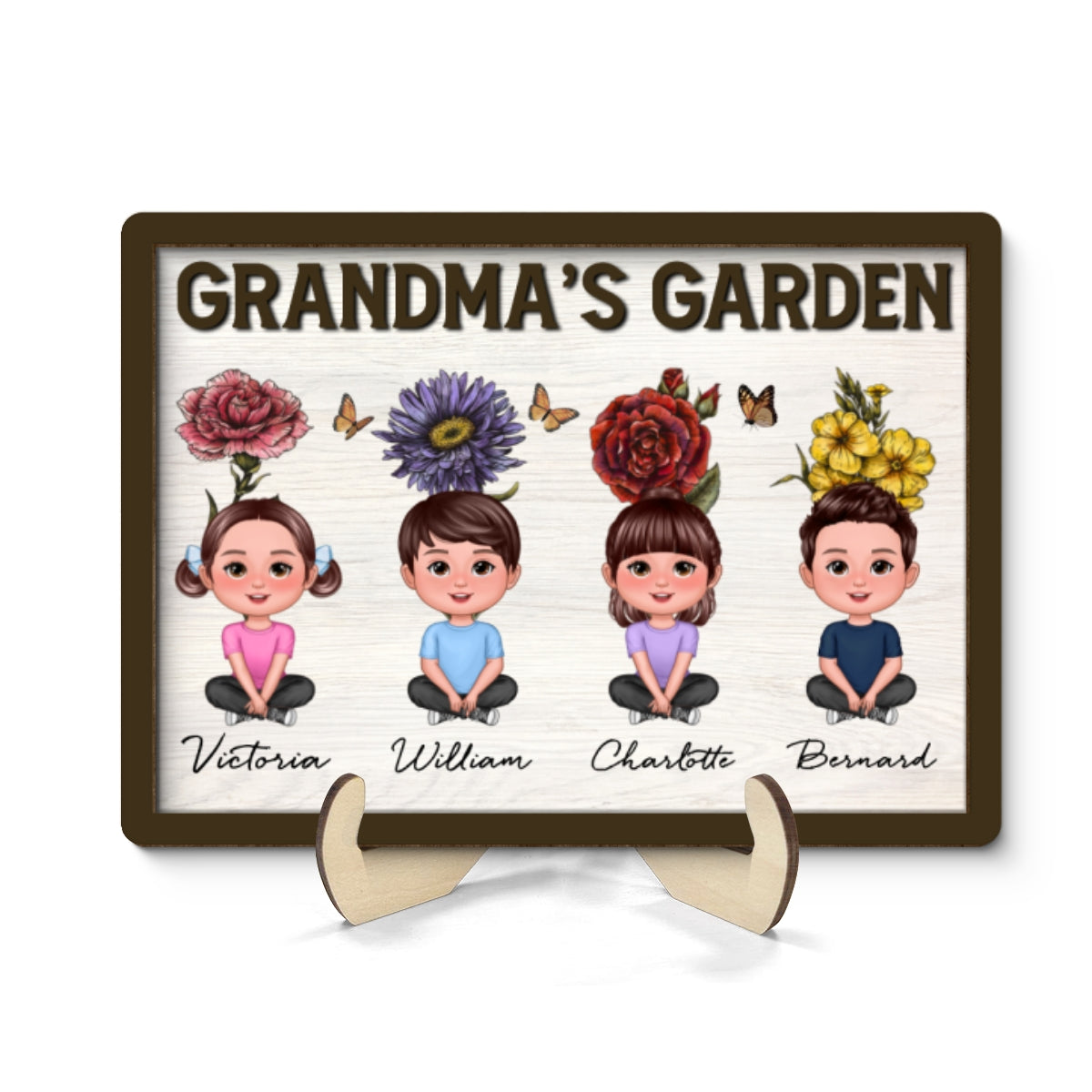 Grandma‘s Garden Grandkids With Birth Flower Behind Personalized 2-Layer Wooden Plaque