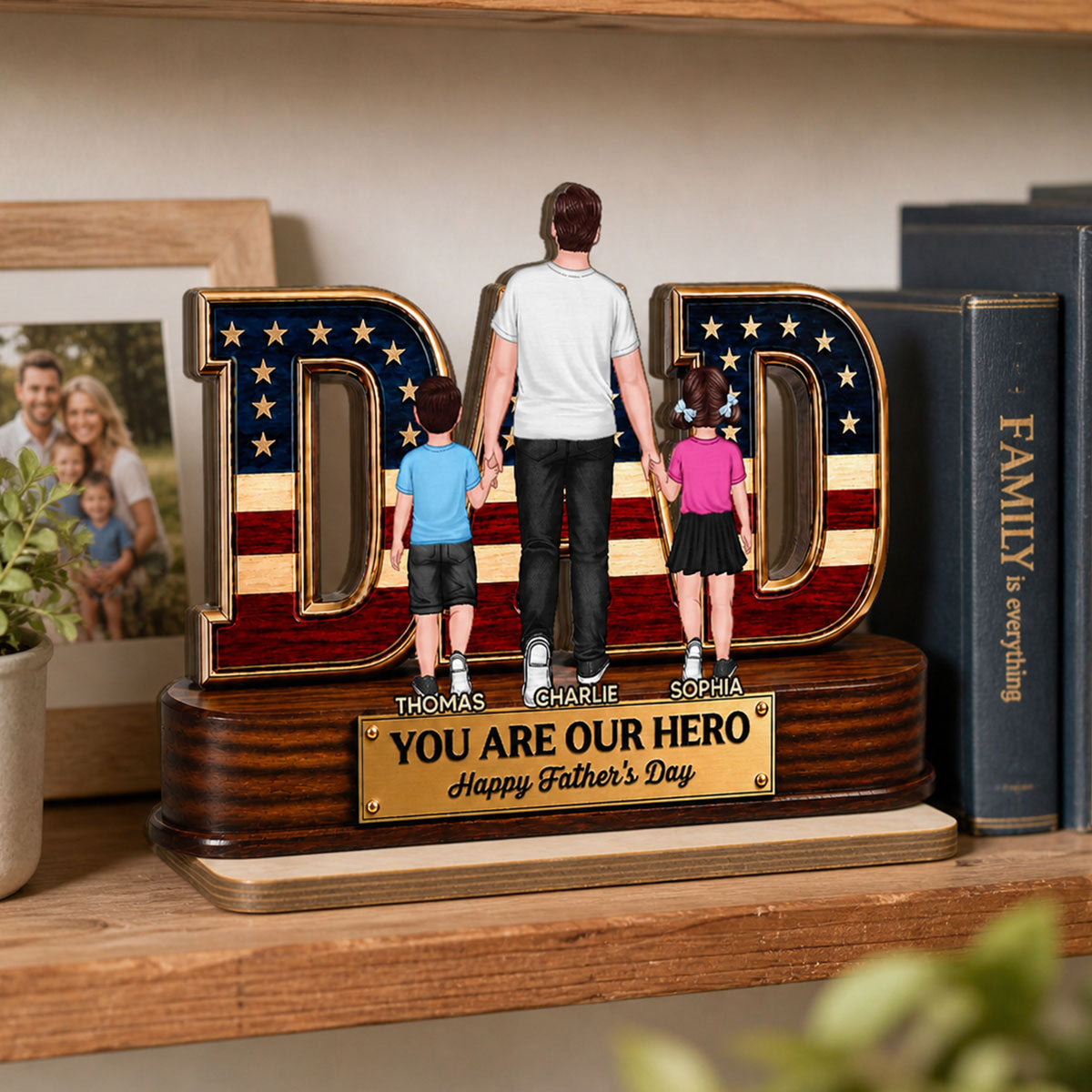 Nation Flag Dad And Kids You Are Our Hero - Personalized 2-Layered Wooden Plaque - Father's Day Gift For Dad, Husband