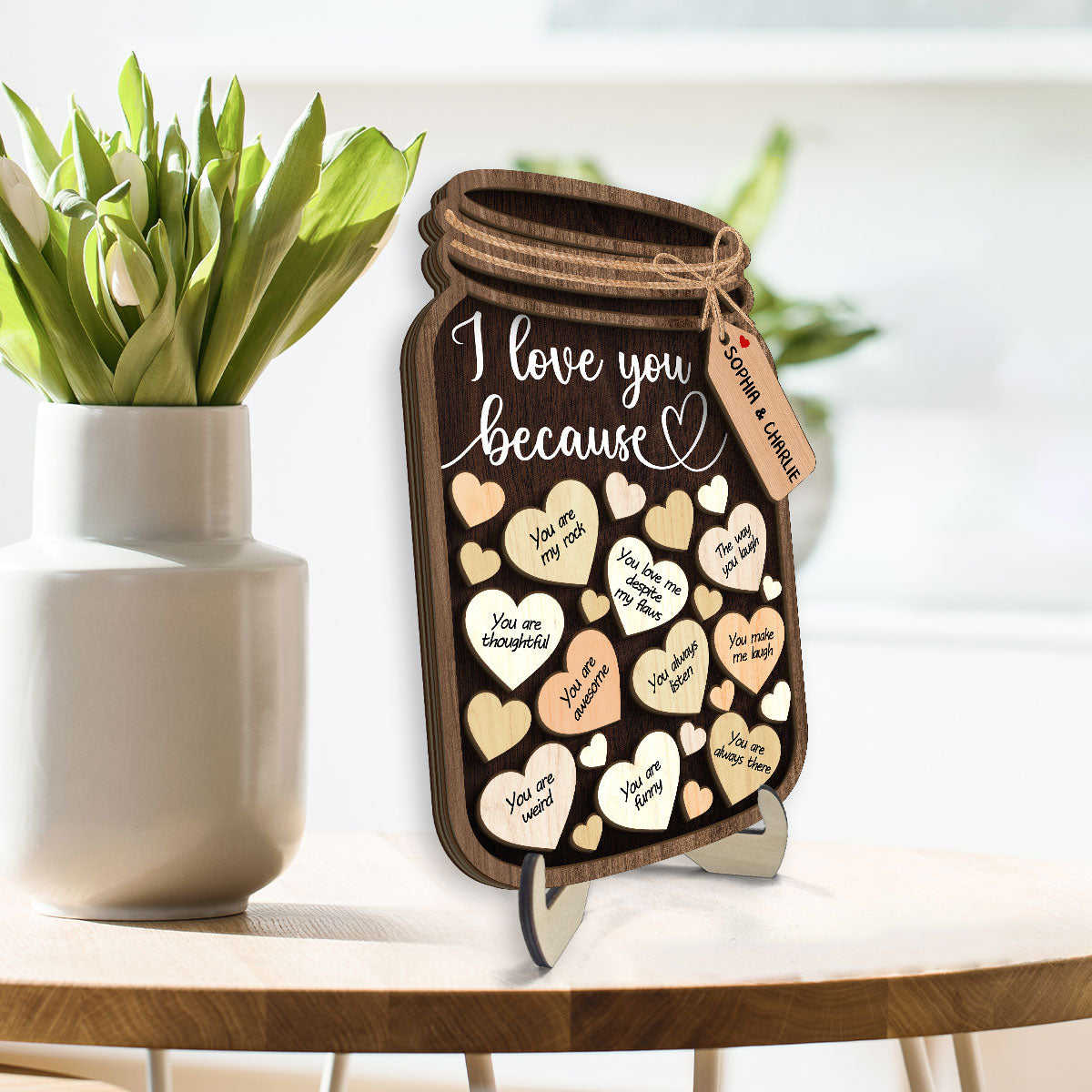 Couple I Love You Because Hearts In Mason Jar Personalized 2-Layer Wooden Plaque