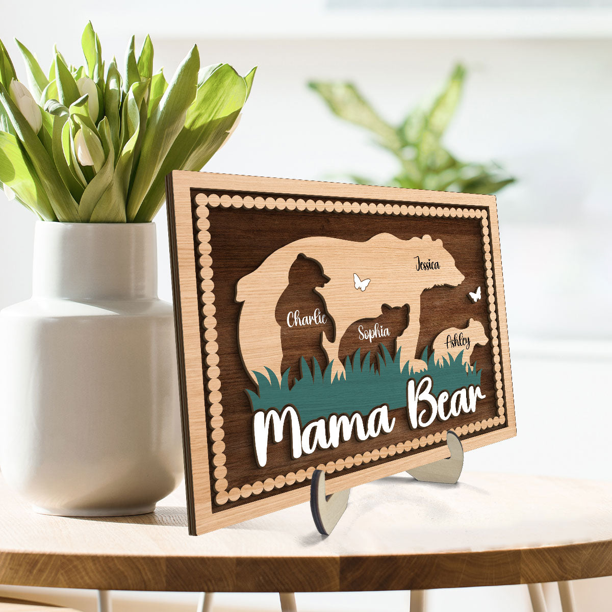 Mama Bear With Kids Names Personalized 2-Layer Wooden Plaque