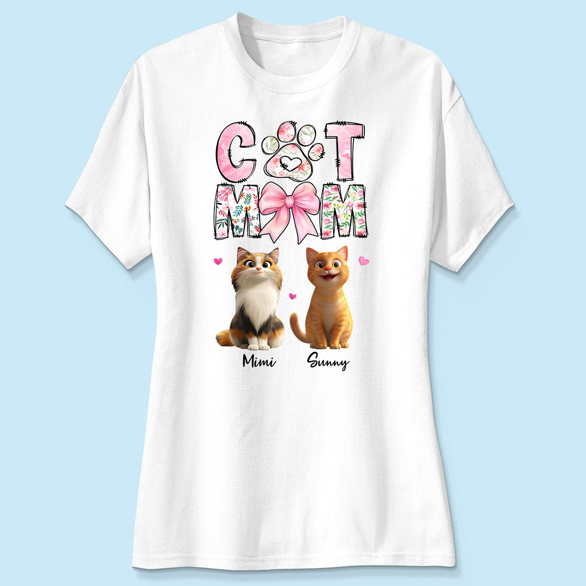 Cat Mom Pink Coquette Personalized Shirt, Cartoon Cute Cat, Gift for Cat Moms