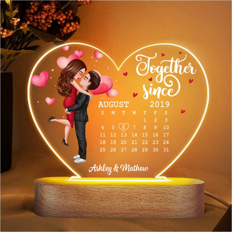 Watercolor Hearts Doll Couple Hugging Kissing Calendar Anniversary Date Personalized Acrylic Heart Plaque LED Night Light