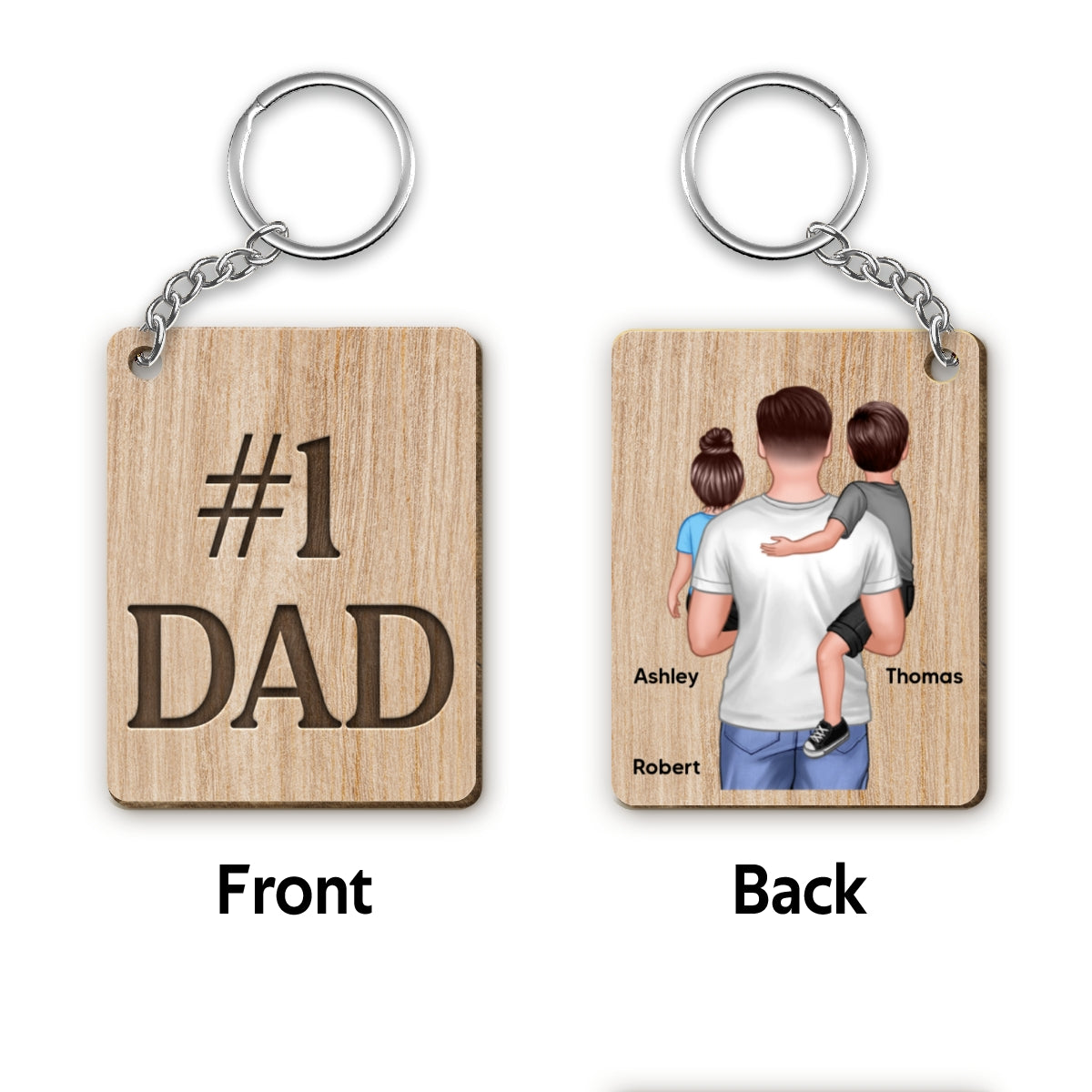 Dad Holding Kids Back View Personalized Wooden Keychain