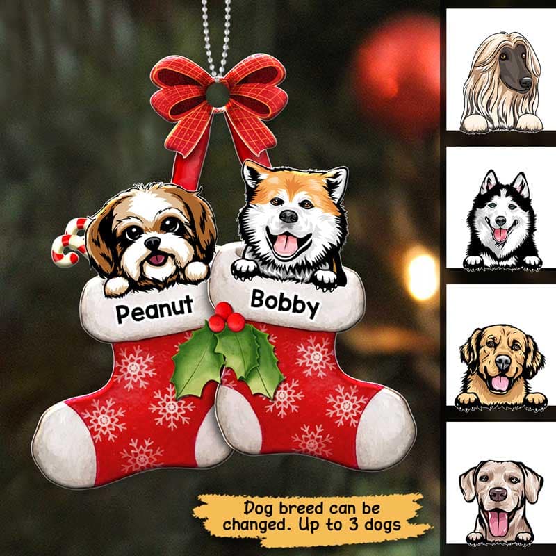Peeking Dog On Christmas Stocking Personalized Wooden Ornament
