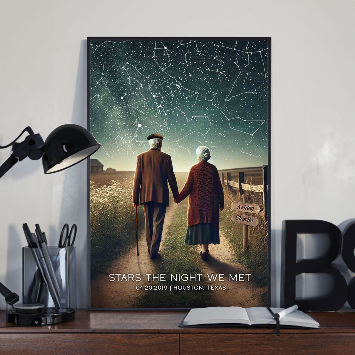 Old Couple Walking Under the Starry Night Poster, Custom Star Map by Date, Personalized Couple Constellation Map, Gift for him and her