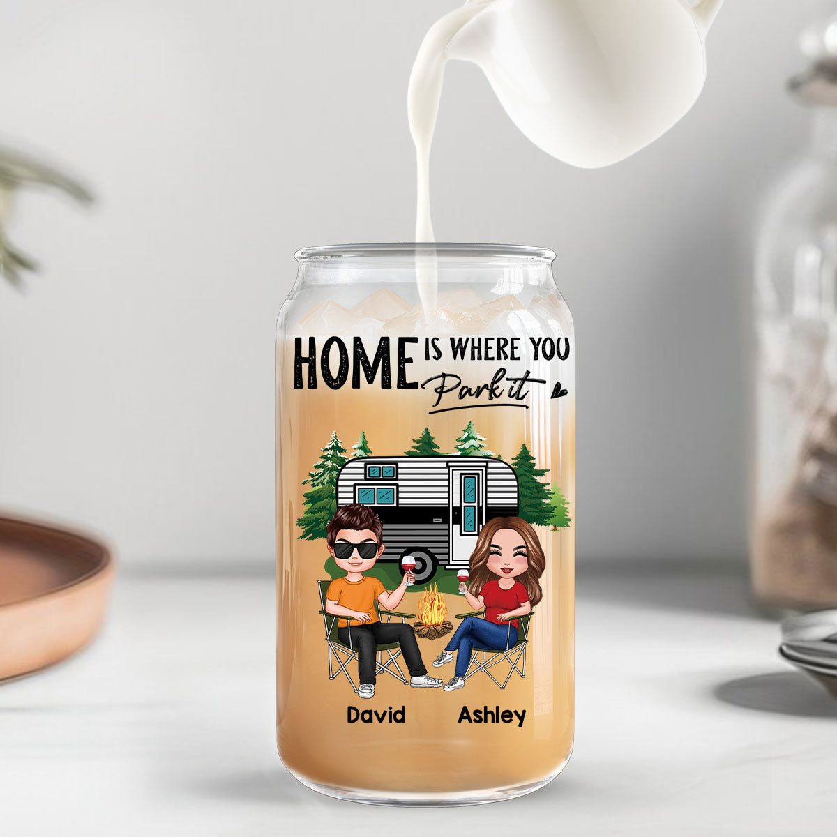 Doll Couple Camping Personalized Clear Glass Can