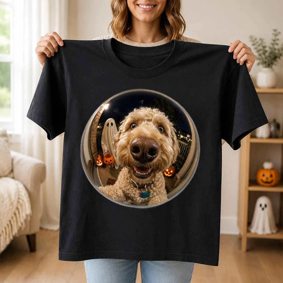 Funny Halloween Doorbell Pet Portrait From Photo - Personalized Shirt