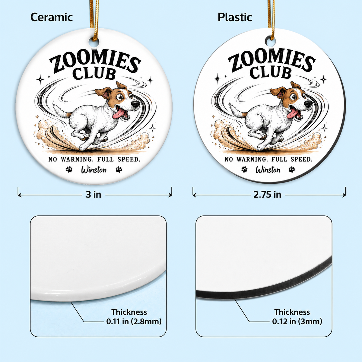 Zoomies Club Official Member Quirky Dog Portrait From Your Custom Pet Photo - Personalized Ceramic Ornament - Funny Gift For Dog Cat Lover