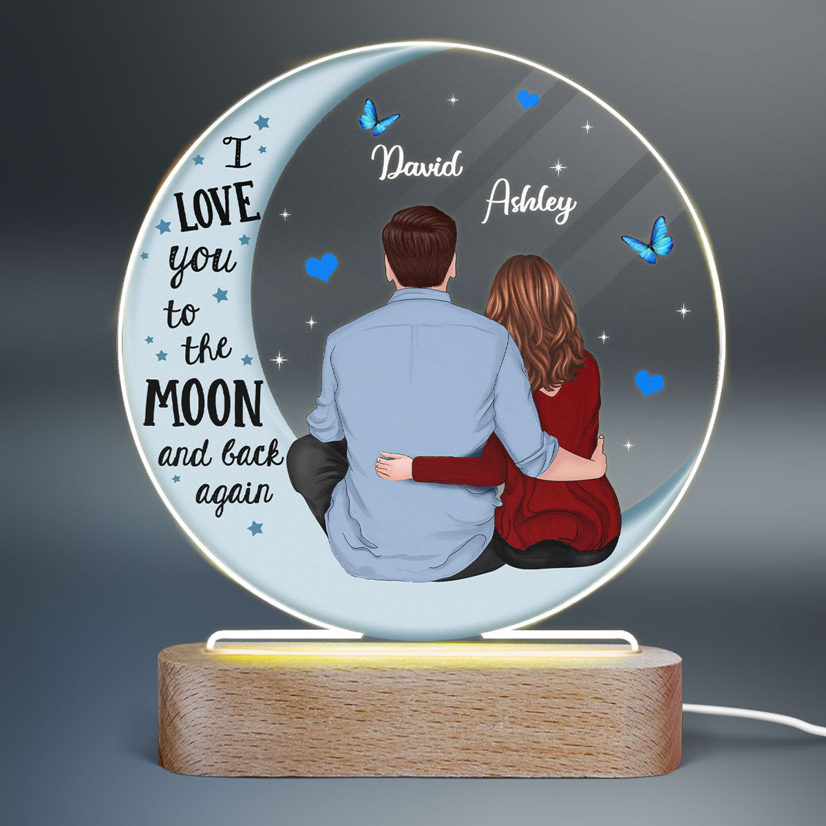 Couple Back View Blue Moon Personalized Circle Plaque LED Night Light - Acrylic LED Lamp - Valentine‘s Day Gift For Him, Gift For Her