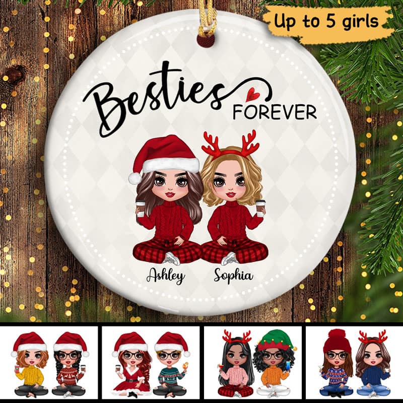 Rhombus Pattern Doll Besties Sisters Sitting Christmas Personalized Circle Ornament