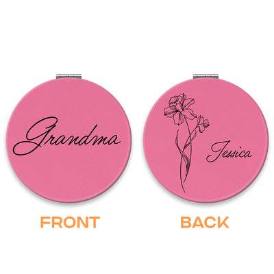 Grandma Birth Month Flowers Outline Personalized Circle Compact Mirror, Gift For Mom, For Grandma