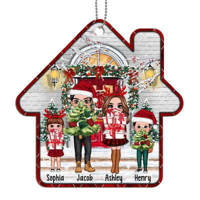 Christmas Pretty Family In Front Porch House Shape Personalized Wooden Ornament