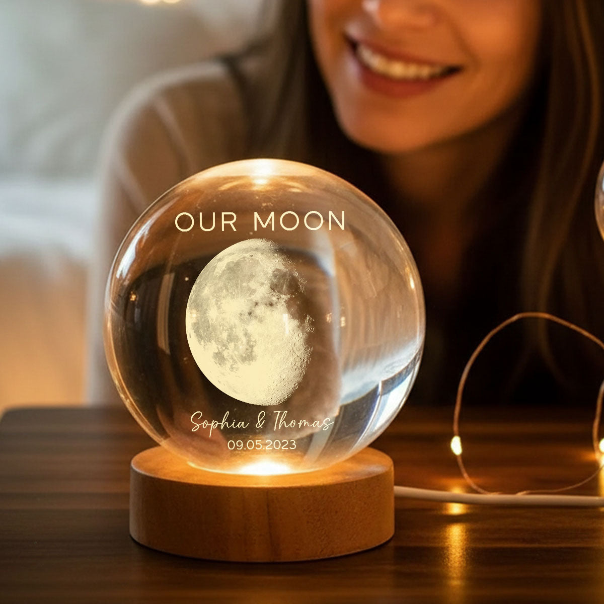 Our Moon Special Day Custom Moon Phase - Personalized Crystal Ball LED Night Light - Valentine's Day Gift For Couple