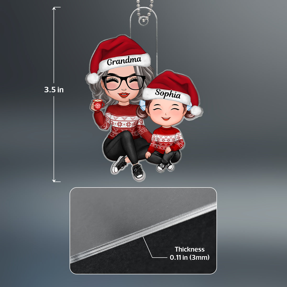 Christmas Grandma Grandson Granddaughter Happy Face Sitting Personalized Acrylic Ornament