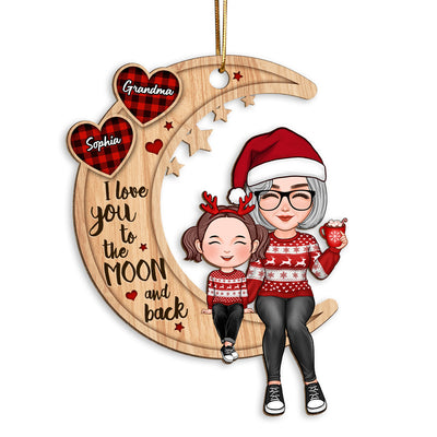 Checkered Pattern Heart Cute Grandma & Grandkid Sitting Crossed Legs On Moon Personalized Wooden Ornament