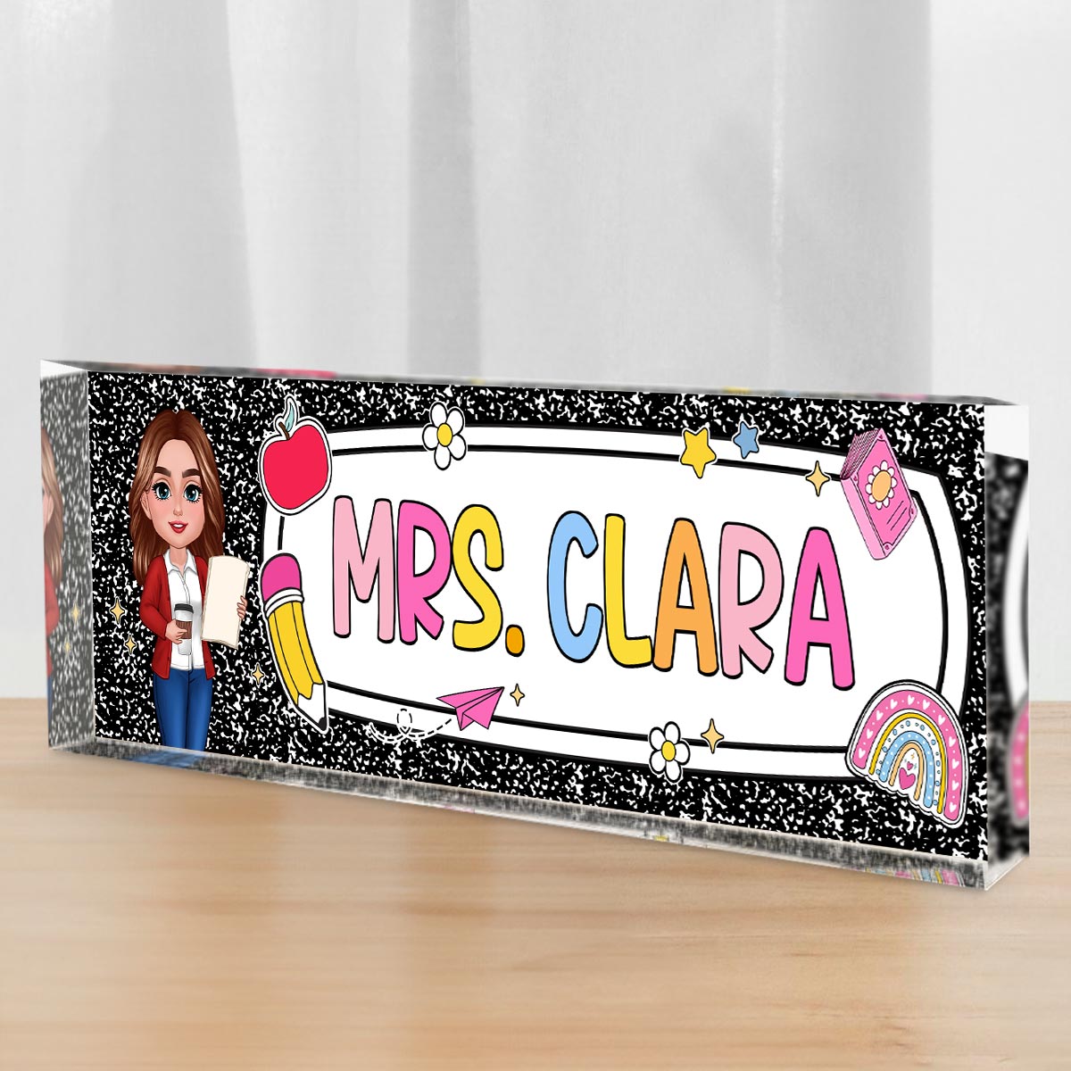 Teacher Composition Book Pattern Personalized Acrylic Desk Name Plate, Back To School Gift