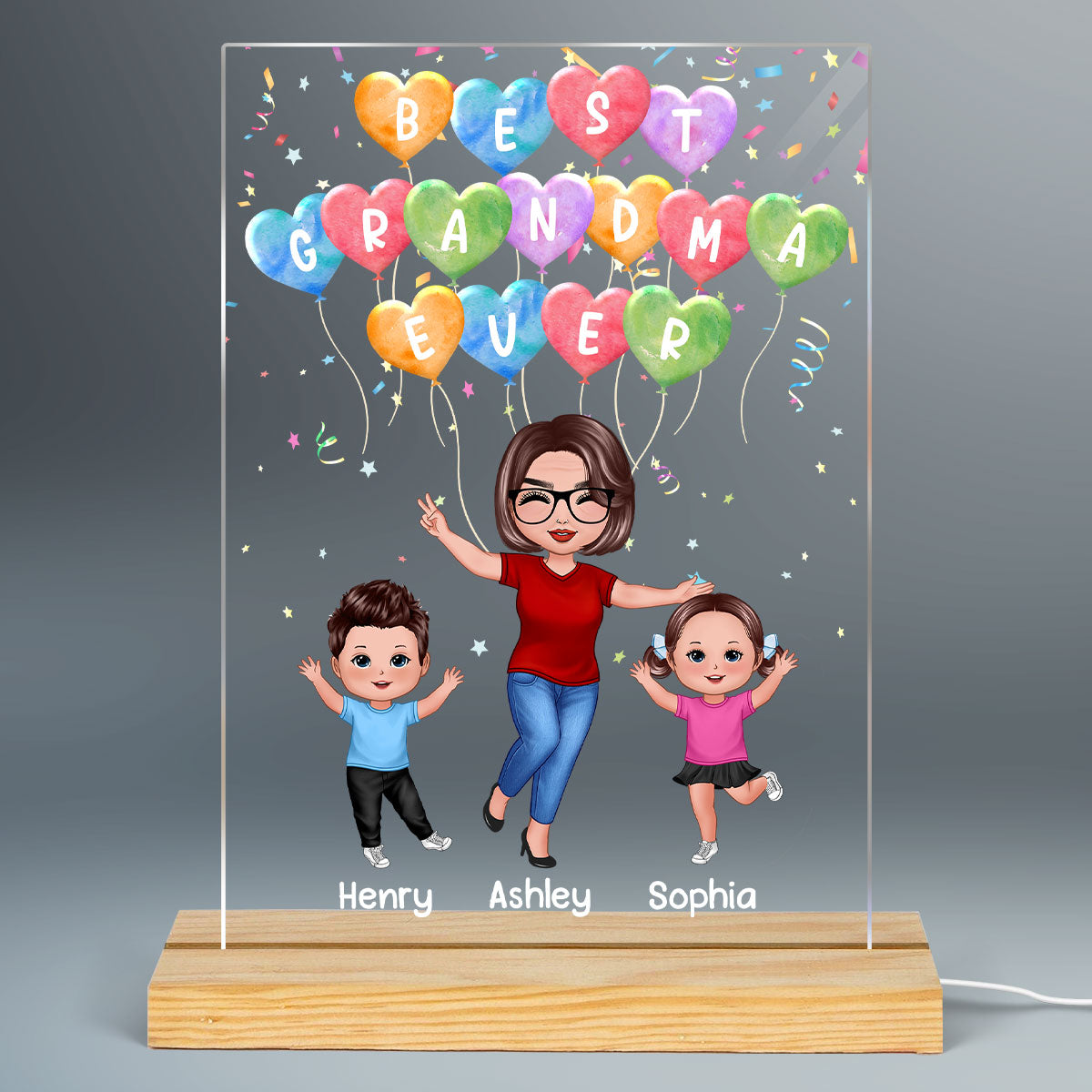 Happy Doll Grandma Grandkids Colorful Balloons Personalized Rectangle Acrylic LED Night Light