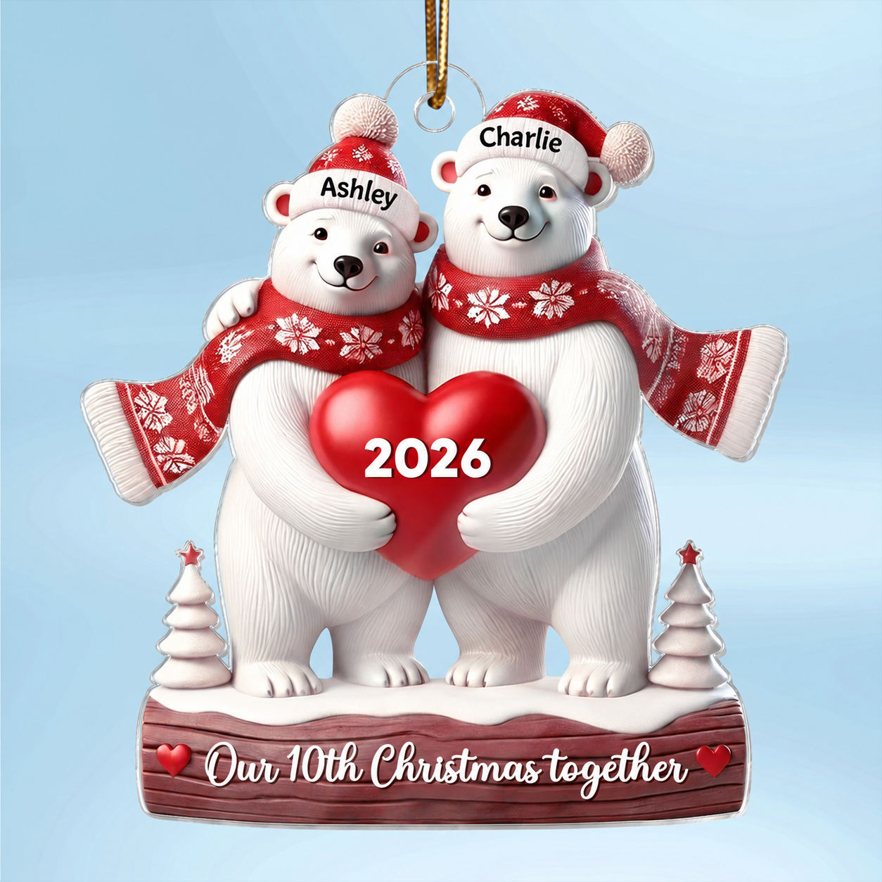 3D Effect Polar Bears Couple Christmas Personalized Ornament, Christmas Gift For Him, For Her