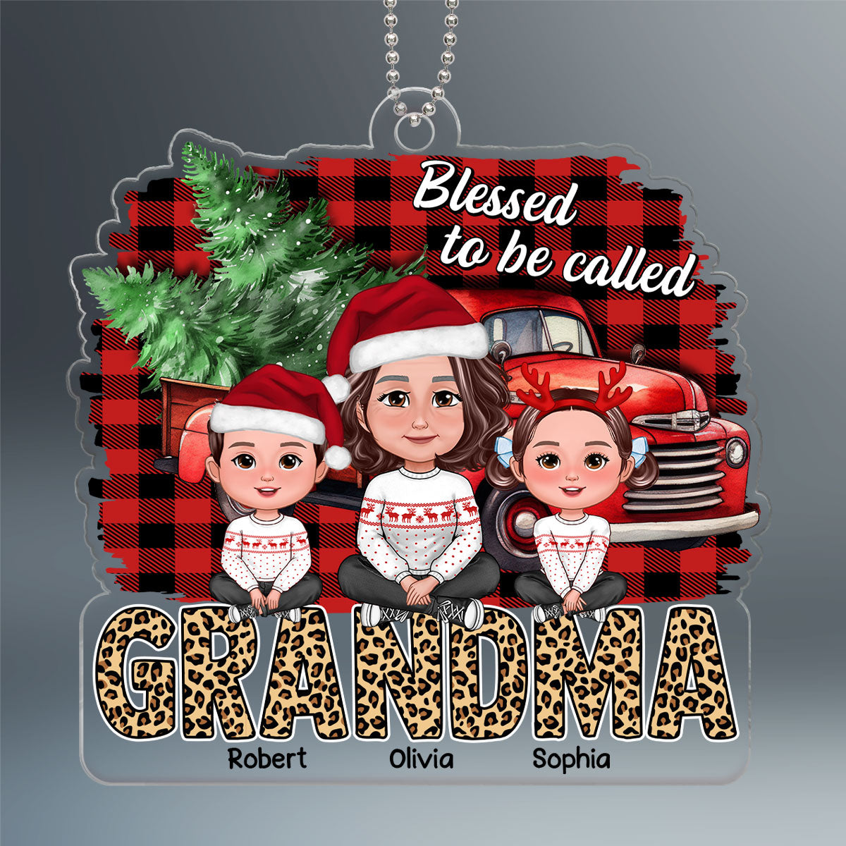 Grandma Grandkids Crossed Legs Leopard Text Checkered Pattern Background Personalized Acrylic Ornament