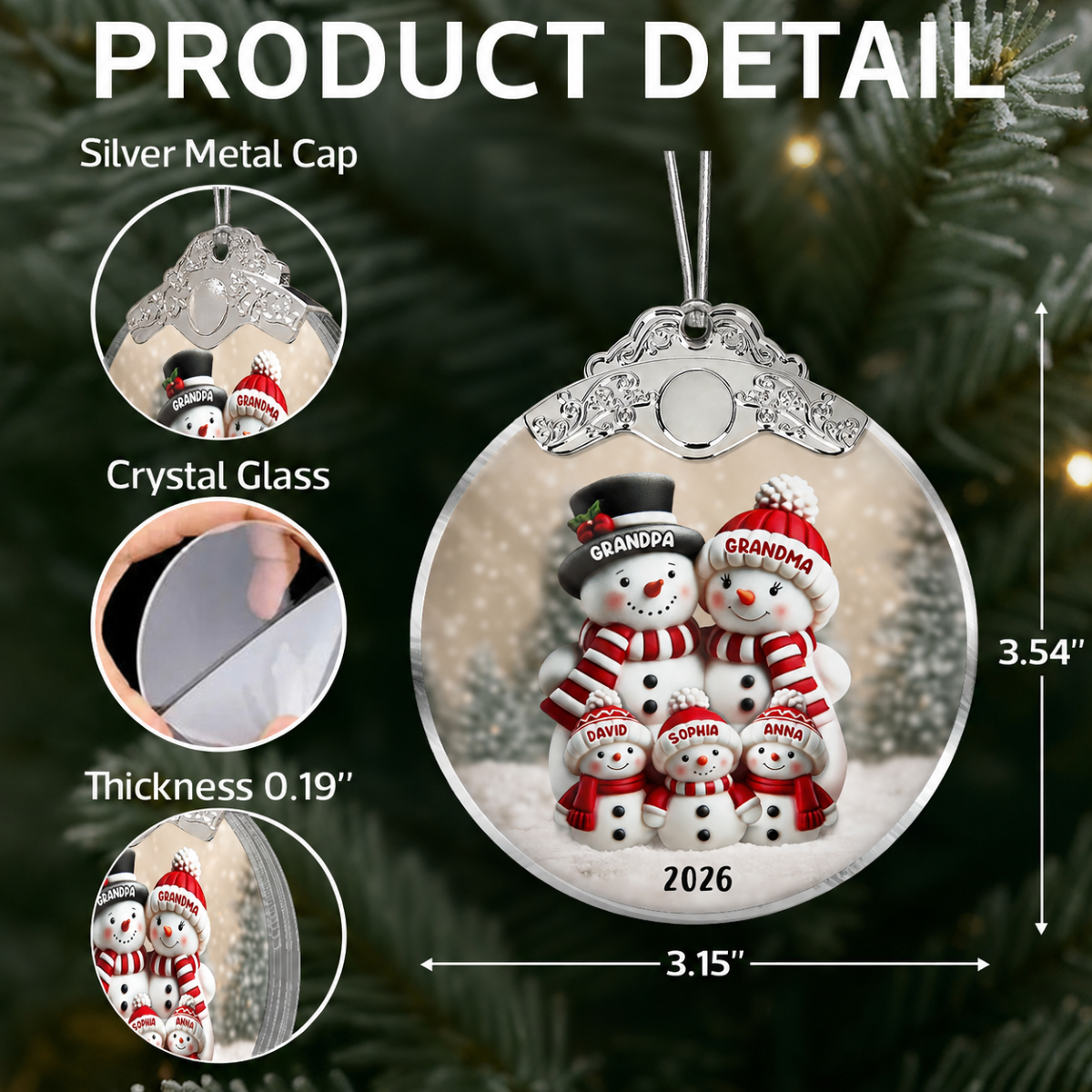 3D Effect Cute Snowman - Personalized Glass Ornament With Silver Cap - Christmas Decor For Family, Grandma, Grandpa
