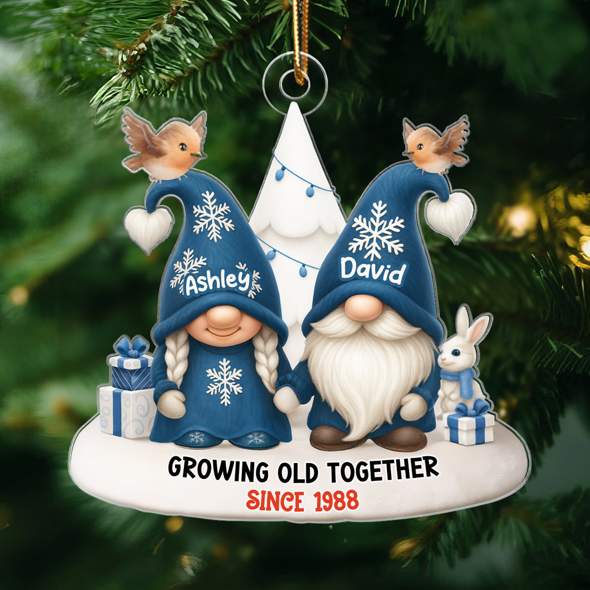 Blue Gnome Christmas Couple Growing Old Together Personalized Acrylic Ornament, Gift for him, Gift for her
